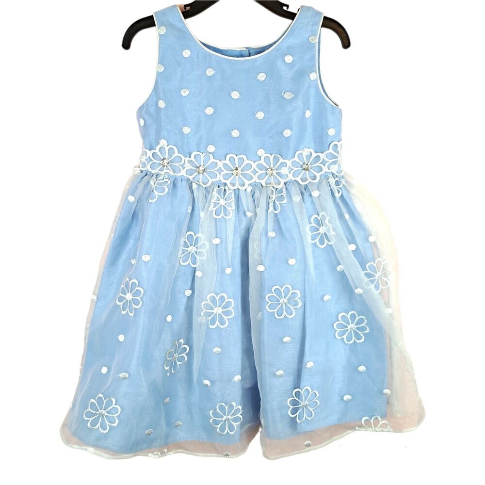 Youngland Blue Floral Girls Dress Size 4 Mesh Embroidery Overlay Button